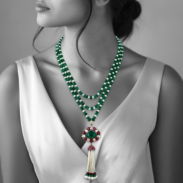 Tri-Layered Emerald and Pearl Necklace with Tassel Pendant